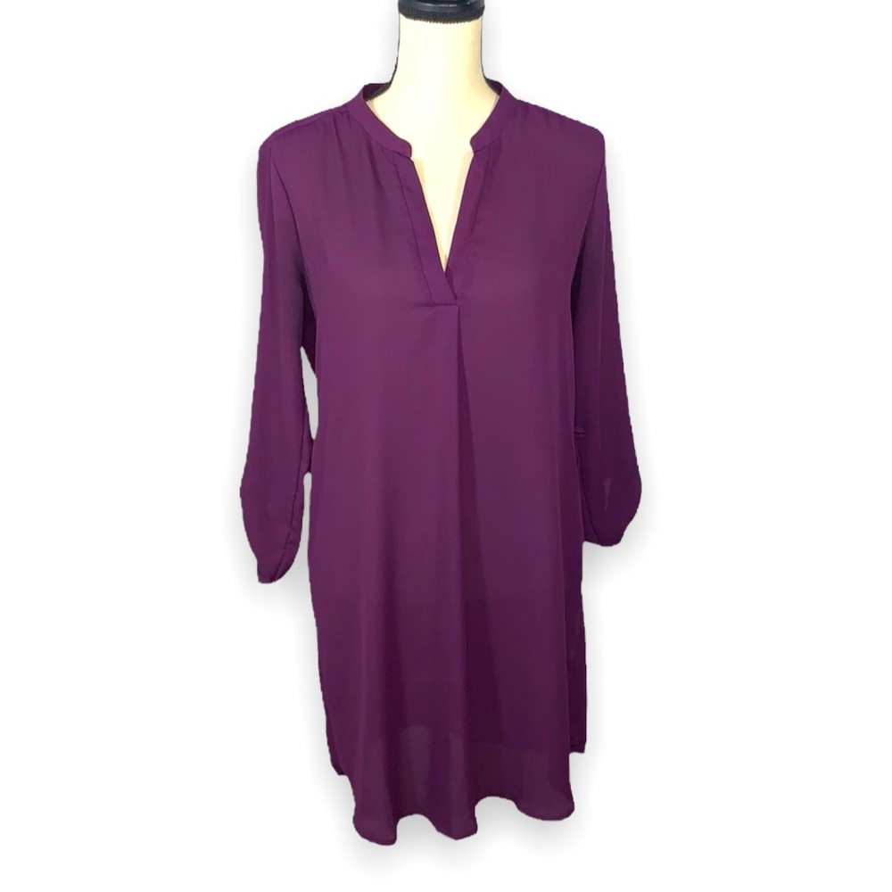 Timing Purple V-Neck Roll-Tab Sleeve Shirt Dress Women’s Medium